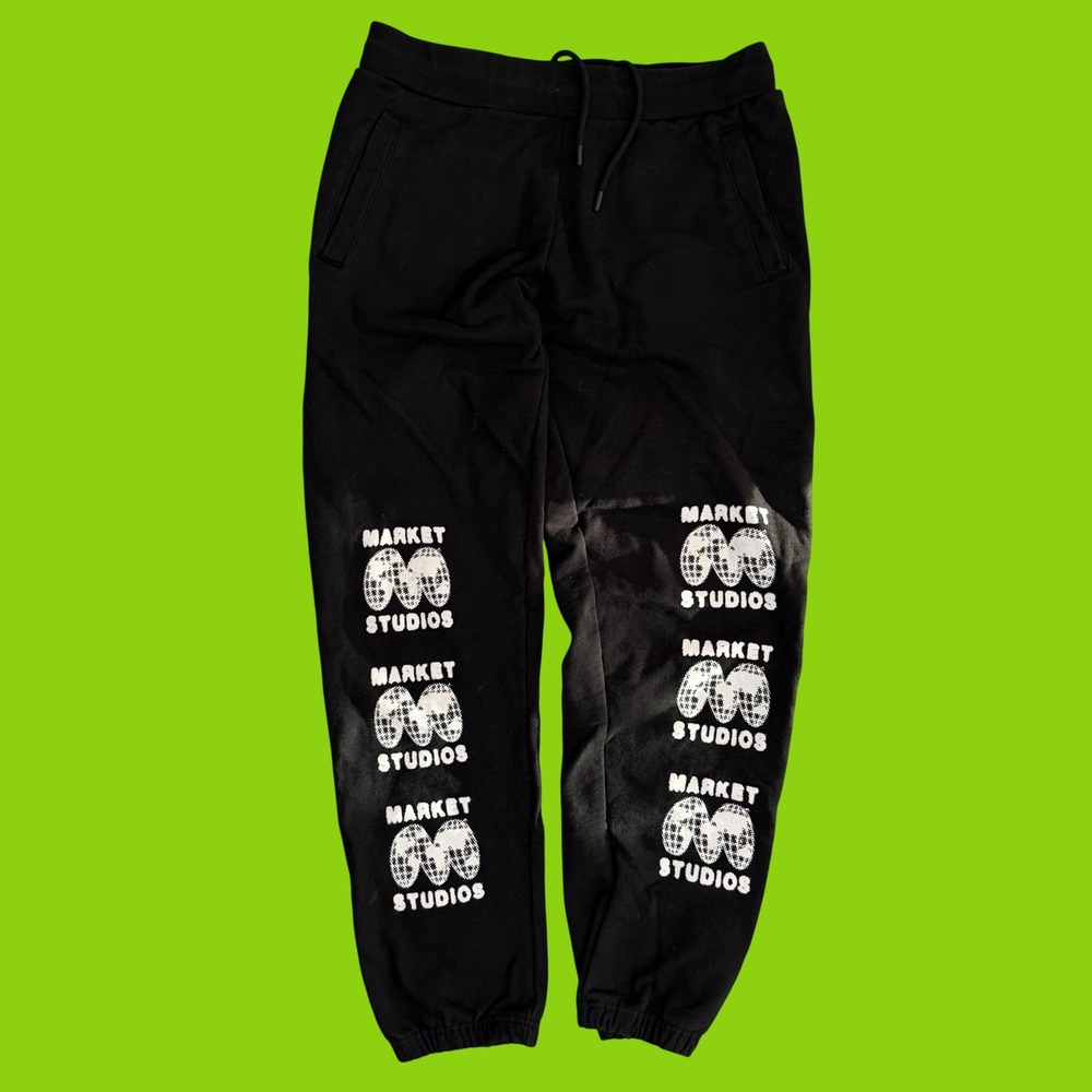 Market Studios Mens Black Graphic Sweatpants Joggers XL Streetwear Globe Logo